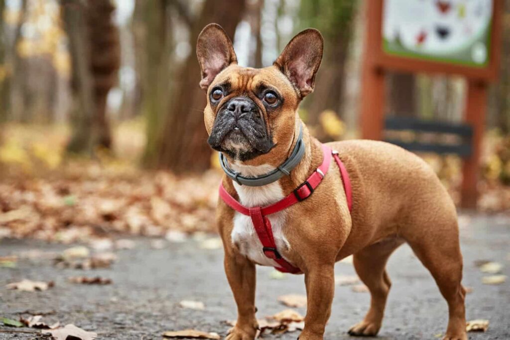 A brown French Bulldog wearing a red harness stands on a paved path in a wooded area with autumn leaves on the ground.